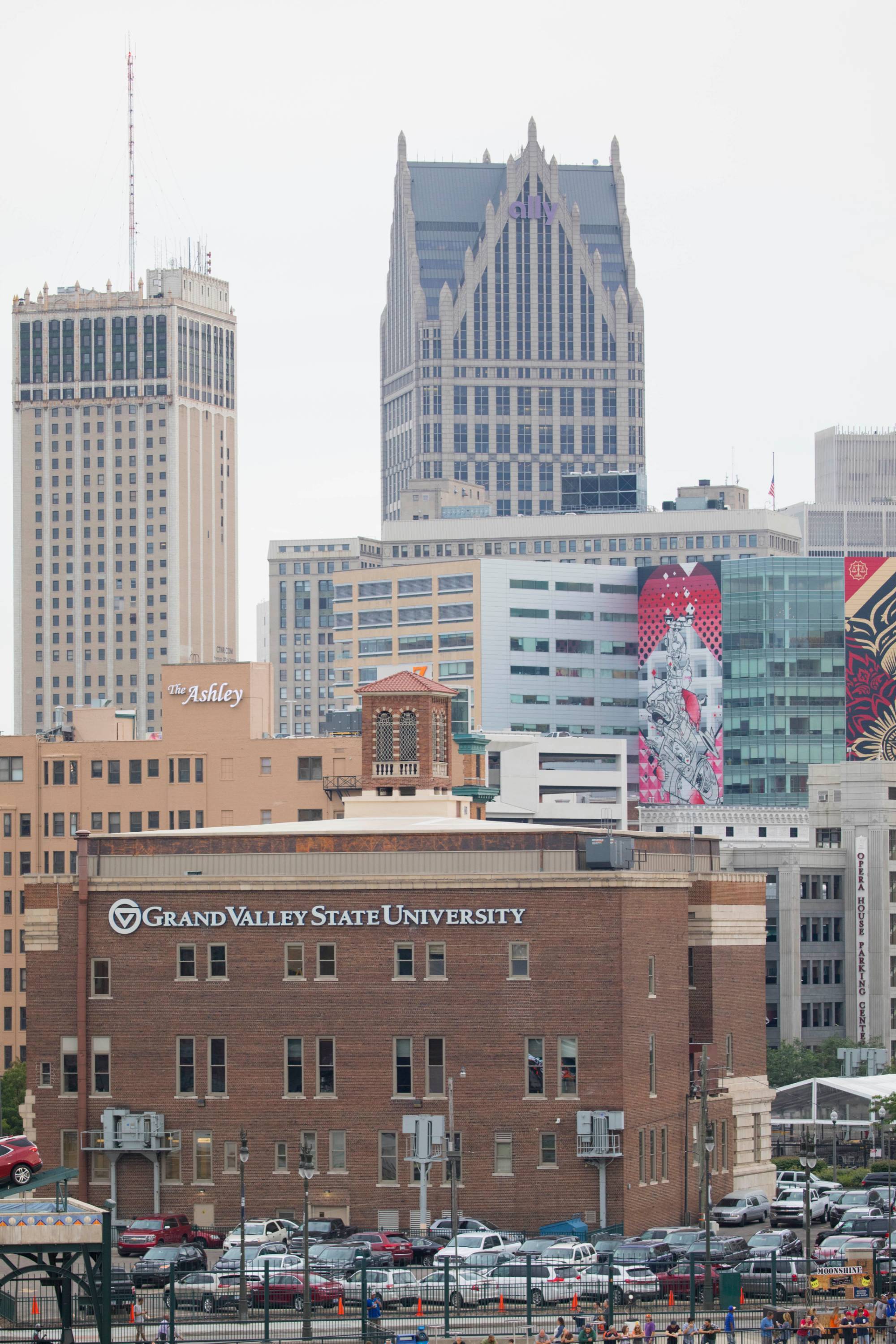 Detroit Skyline with GVSU Sign from Comerica Park